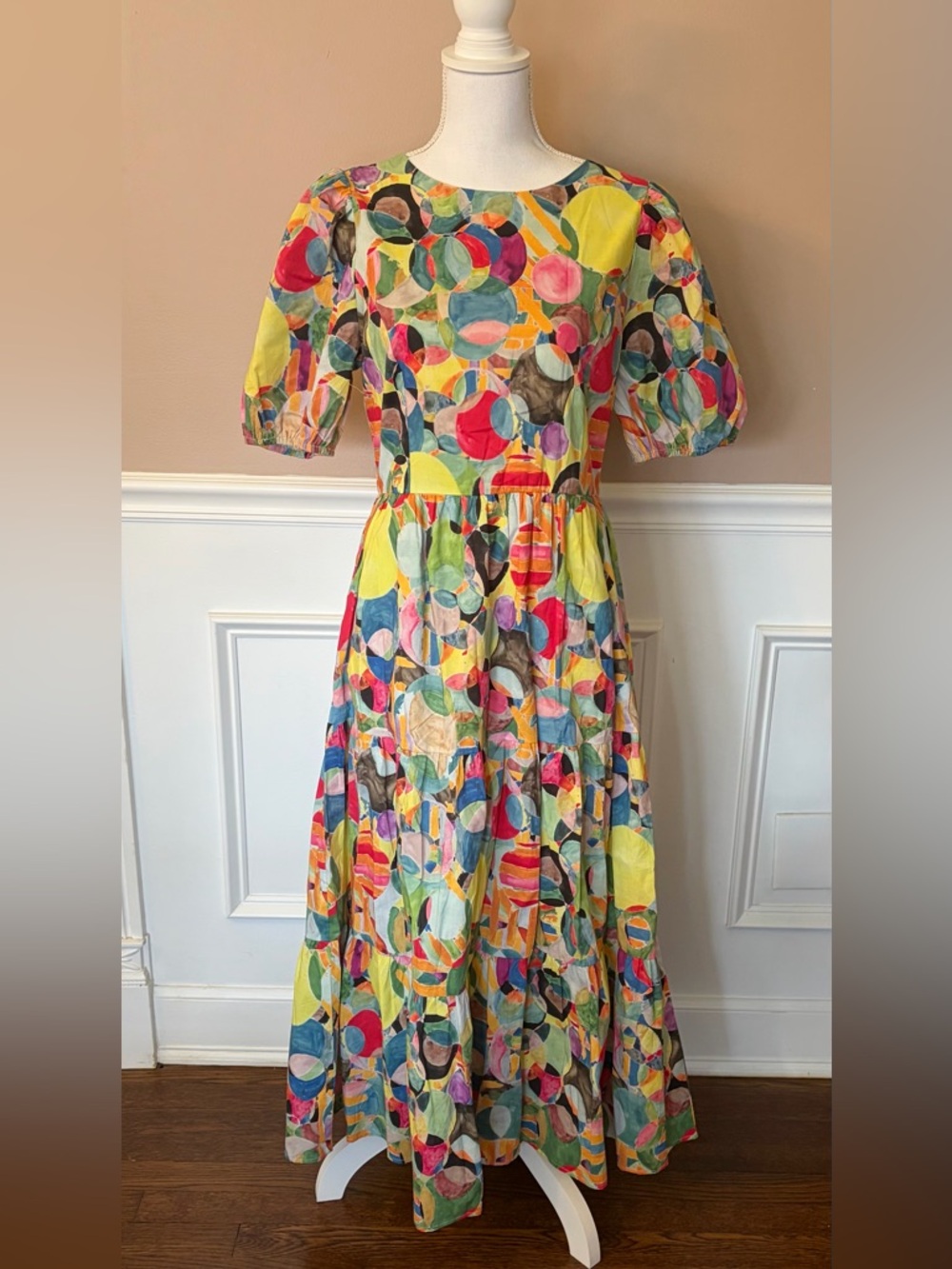 TCEC Multicolor Circle-Print Maxi Dress with Yellow Accents and Pockets